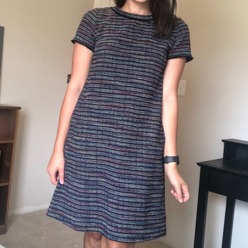 Loft BOUCLE fridge dress. Navy with stripes